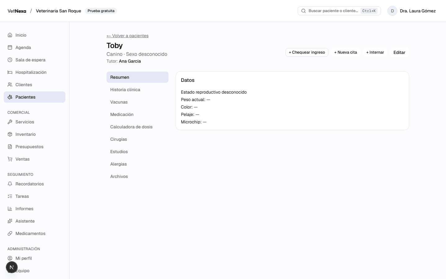 Ficha de un paciente en VetNexa, con acceso directo a la calculadora de dosis